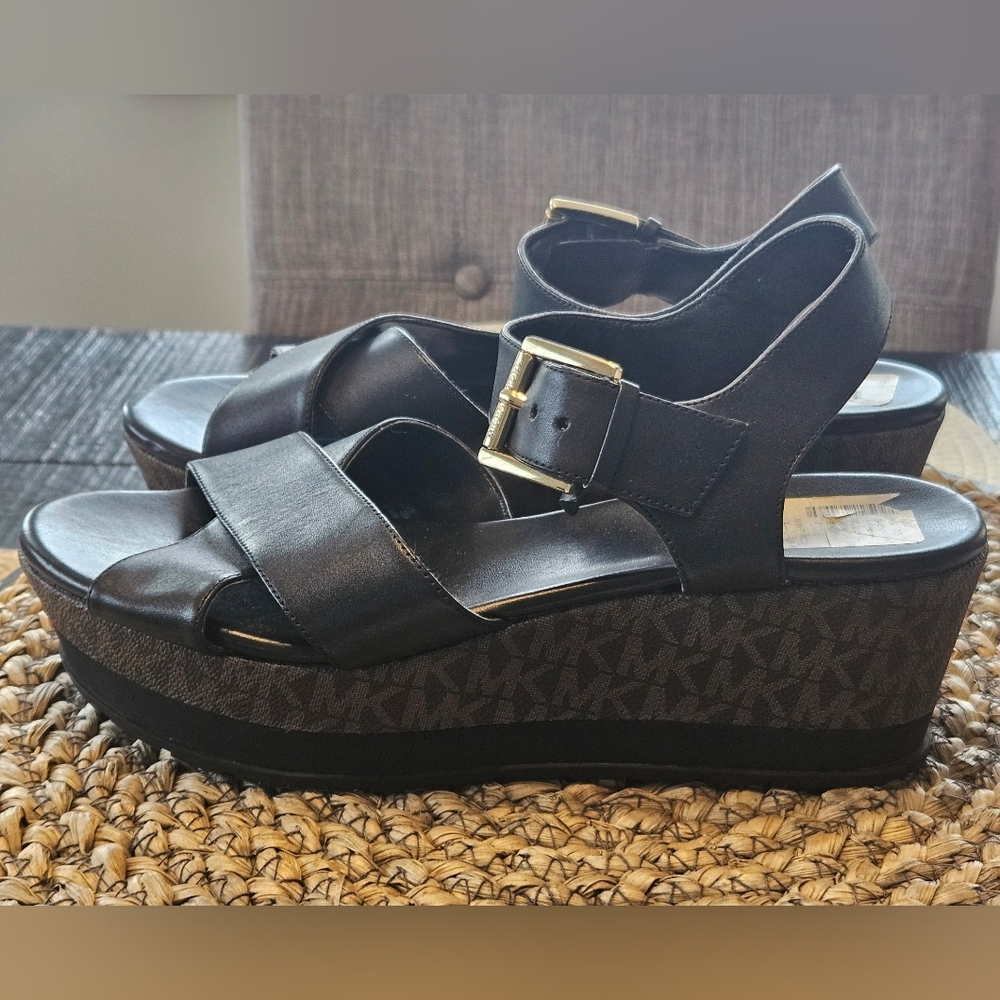 Michael Kors Black Platform Sandals with Gold Accent